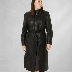 Yudofsky Black Leather Button Down Womens Trench Coat Size M Belted